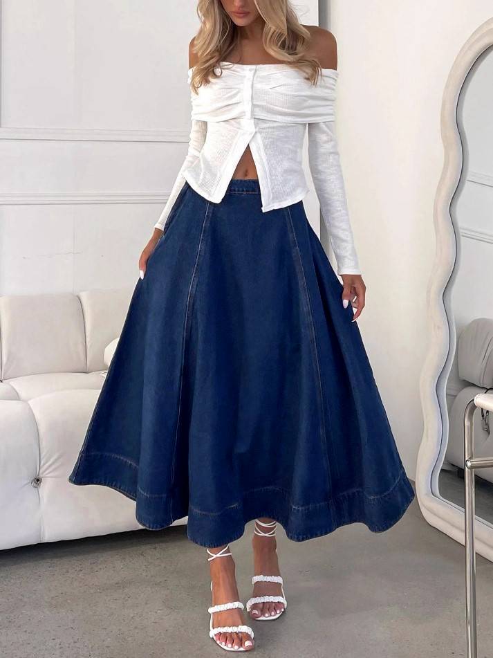 Denim High Waist Flared A-Line Maxi Skirt - DarkBlue - 2