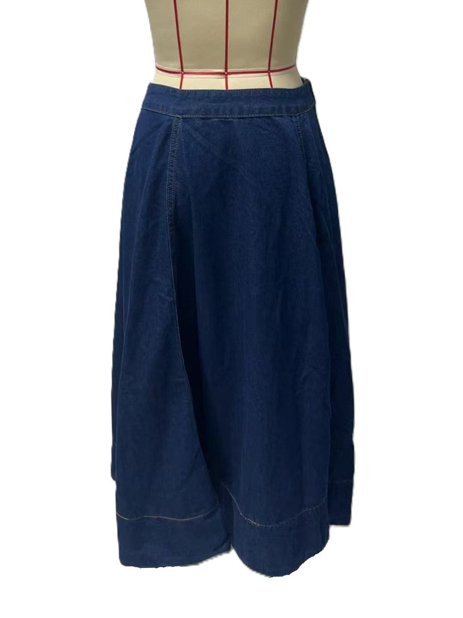 Denim High Waist Flared A-Line Maxi Skirt - DarkBlue - 3