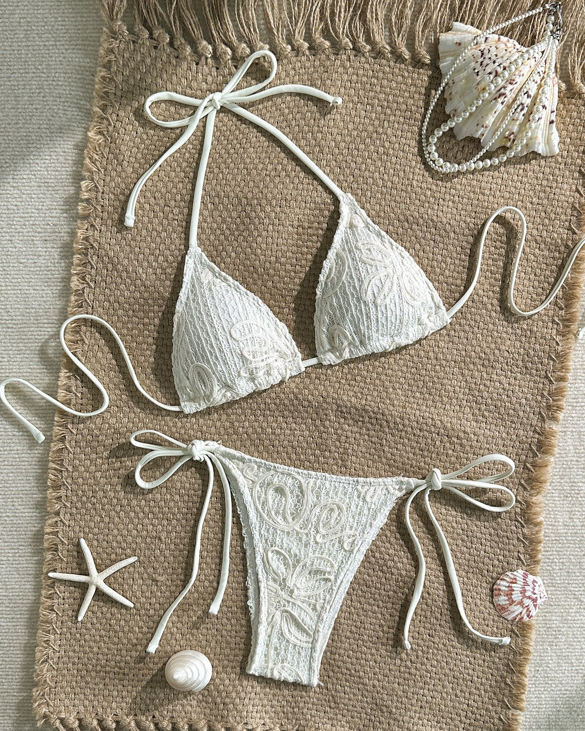 Paisley Textured Tie Halter Bikini Set - Beige