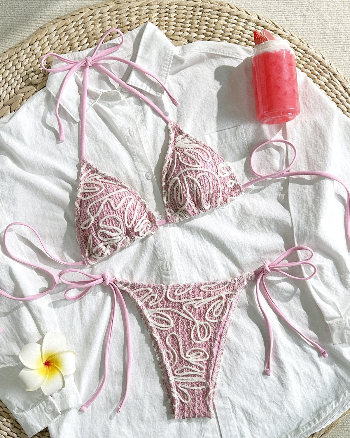 Paisley Textured Tie Halter Bikini Set - Pink