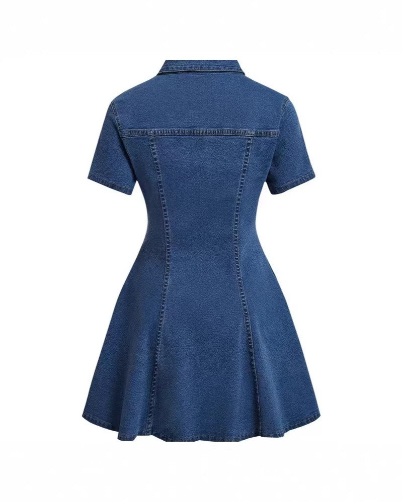 Button Front Denim Shirt Dress With Flared Skirt - Dark-Blue