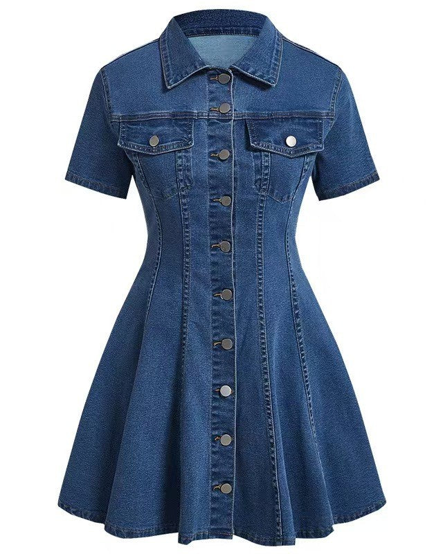 Button Front Denim Shirt Dress With Flared Skirt - Dark-Blue - 1