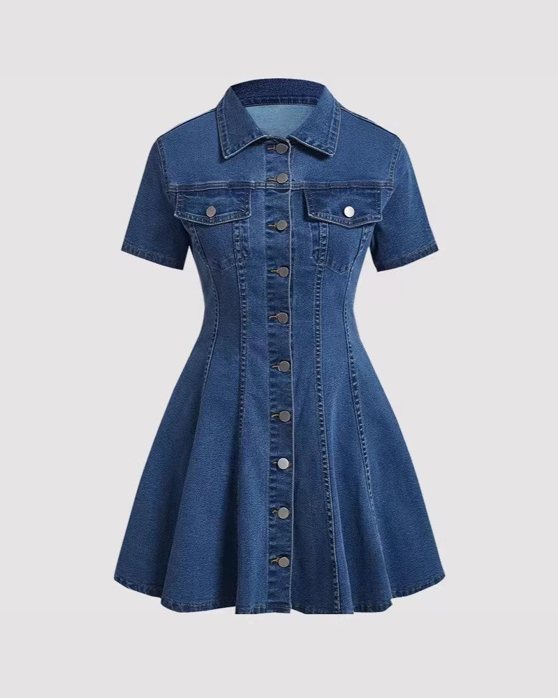 Button Front Denim Shirt Dress With Flared Skirt - Dark-Blue - 2