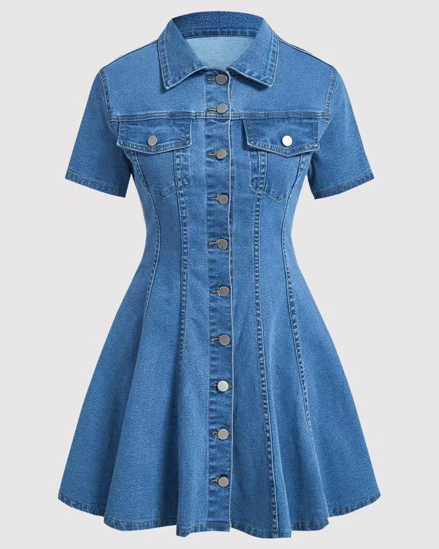Button Front Denim Shirt Dress With Flared Skirt - Light-Blue