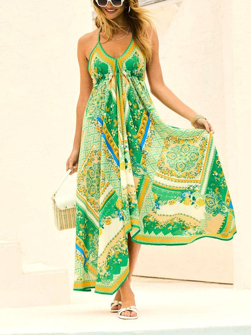 Scarf Print Handkerchief Hem Halter Maxi Dress - Green