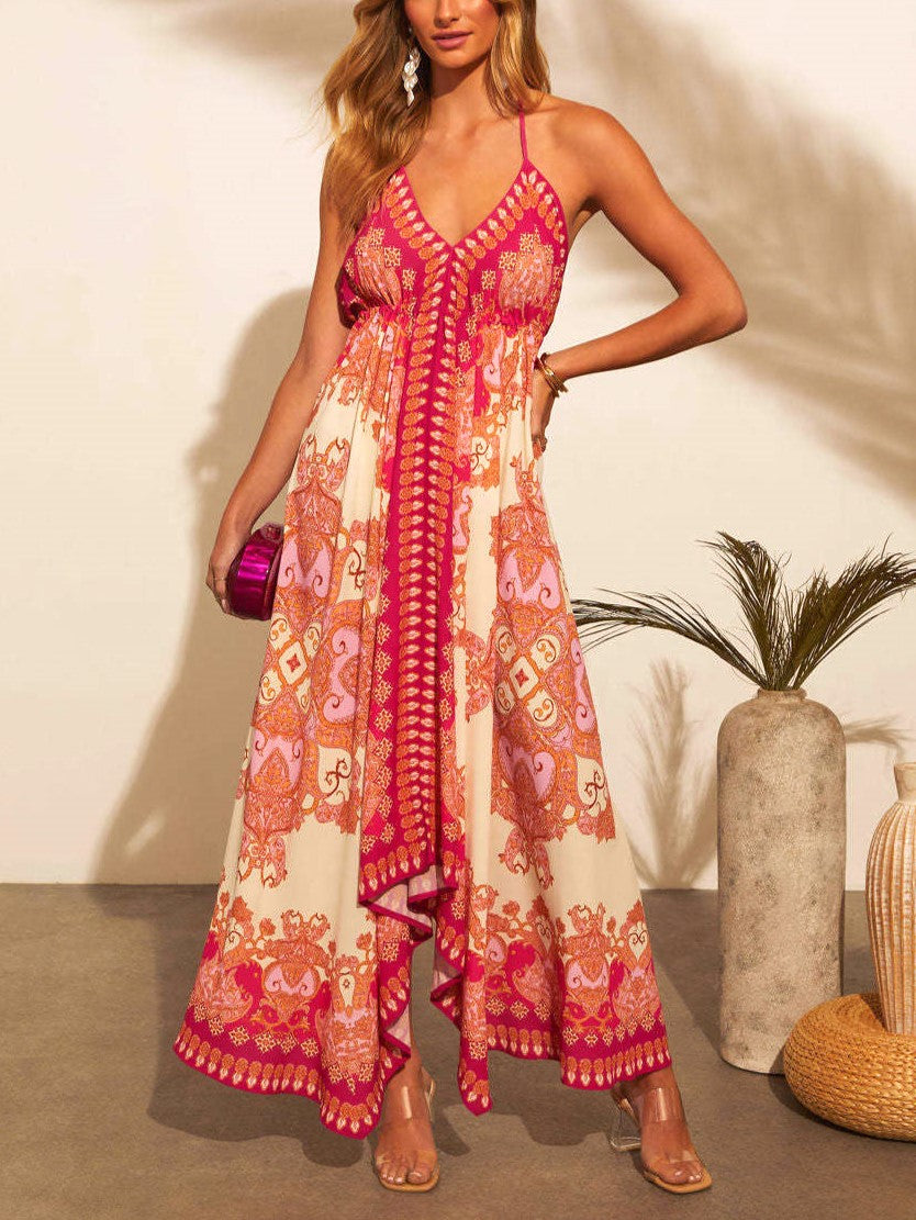 Scarf Print Handkerchief Hem Halter Maxi Dress - Red