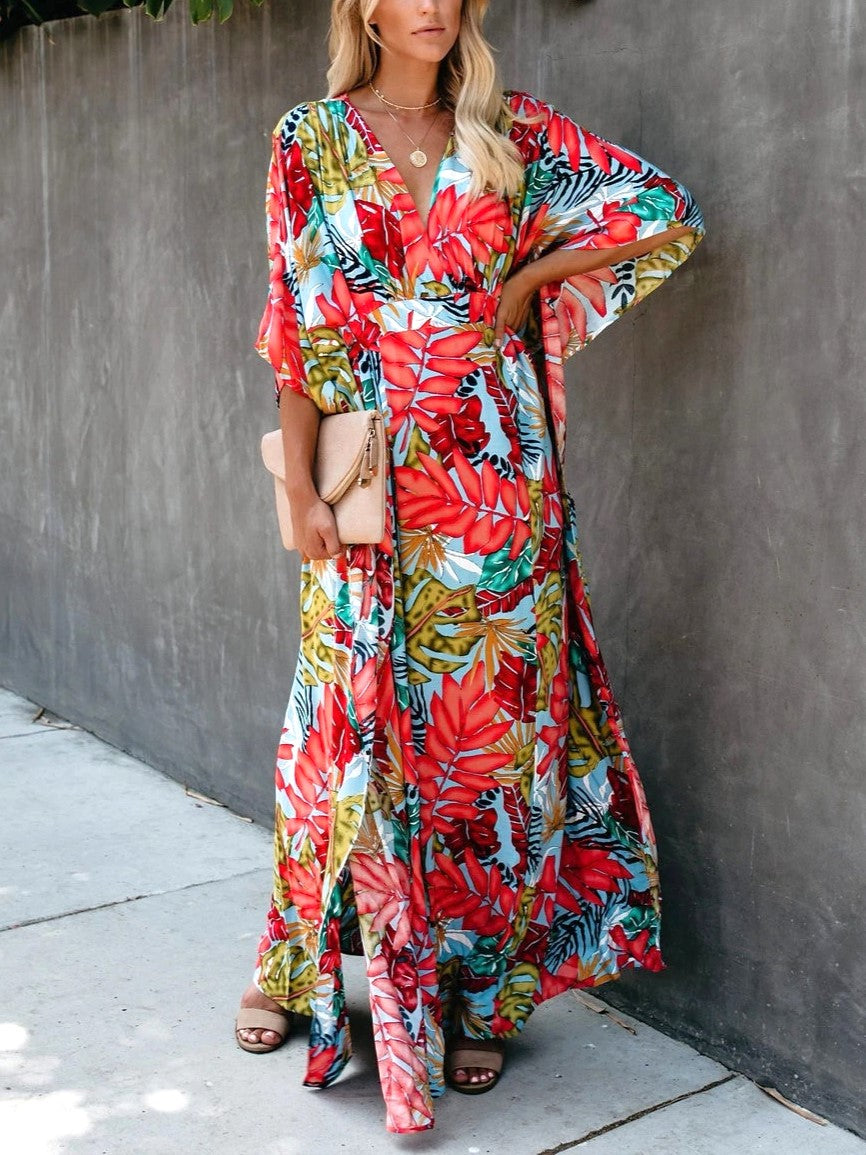 Tropical Print Kimono Sleeve Wrap Maxi Dress - Floral