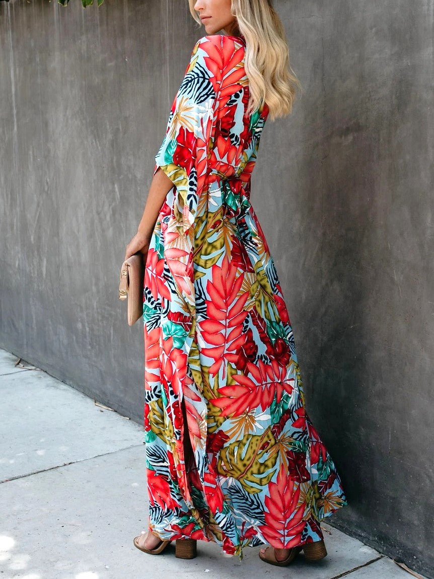 Tropical Print Kimono Sleeve Wrap Maxi Dress - Floral - 1