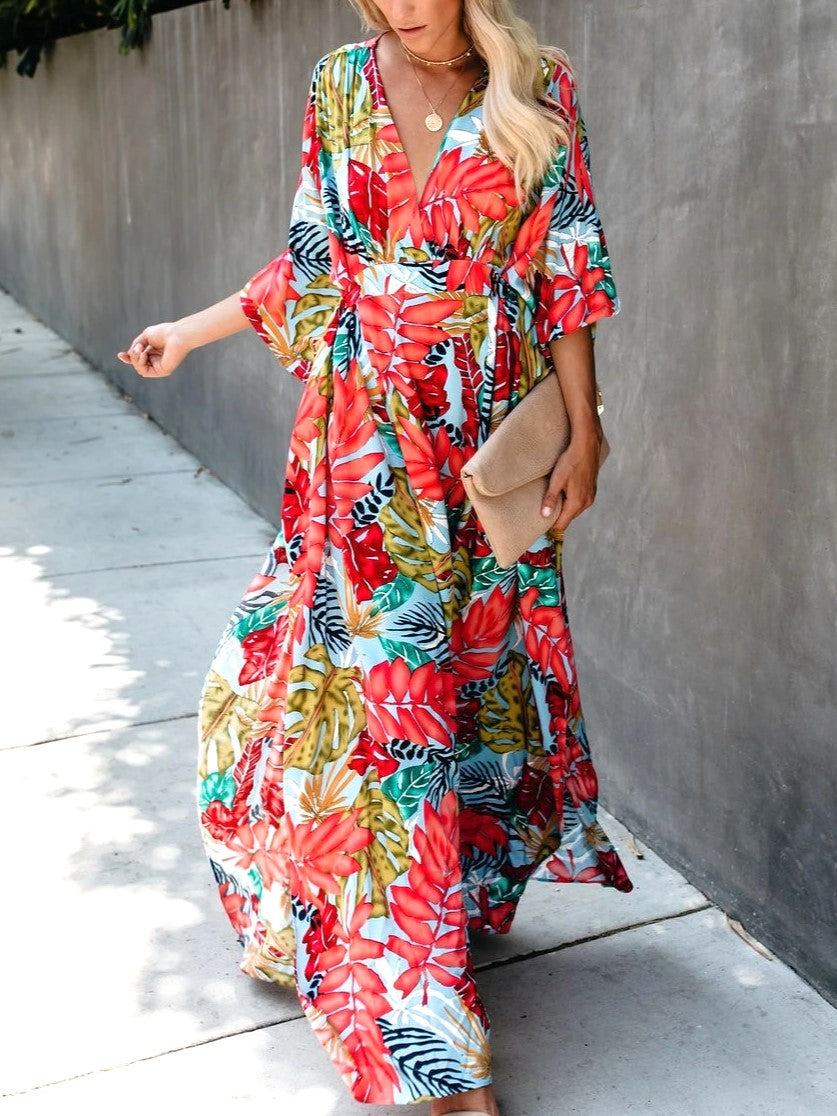 Tropical Print Kimono Sleeve Wrap Maxi Dress - Floral - 2