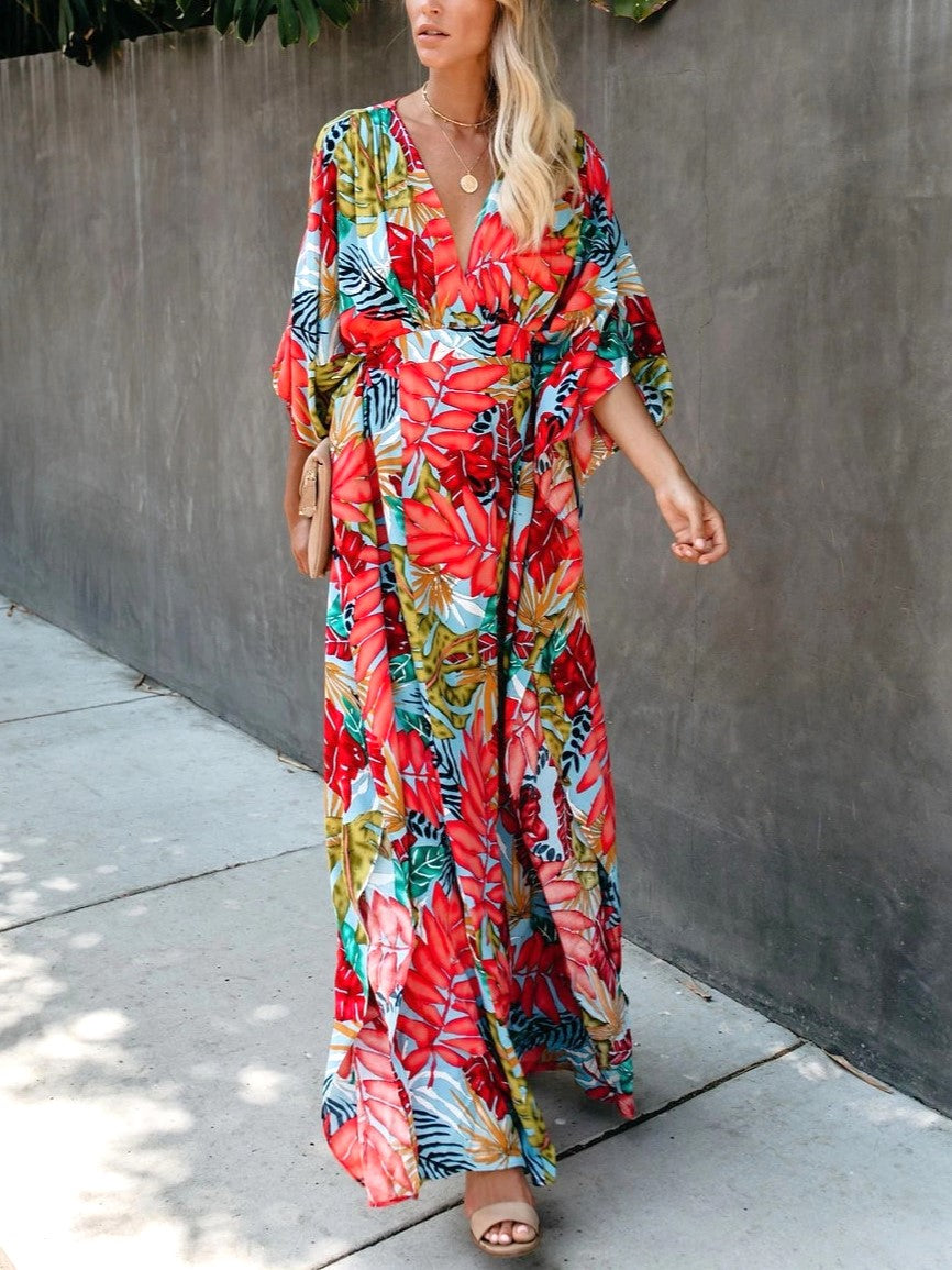 Tropical Print Kimono Sleeve Wrap Maxi Dress - Floral - 3