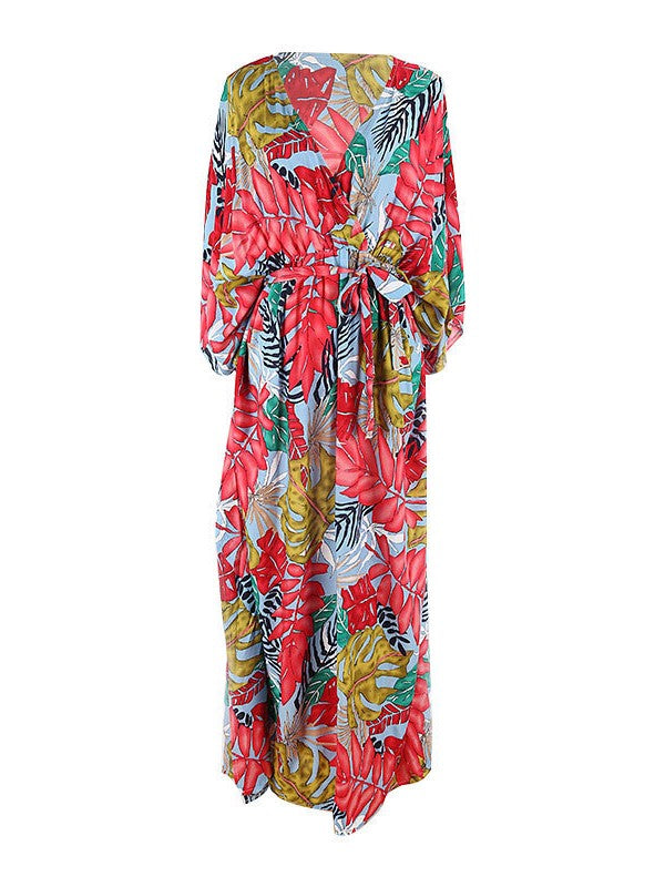 Tropical Print Kimono Sleeve Wrap Maxi Dress - Floral - 4