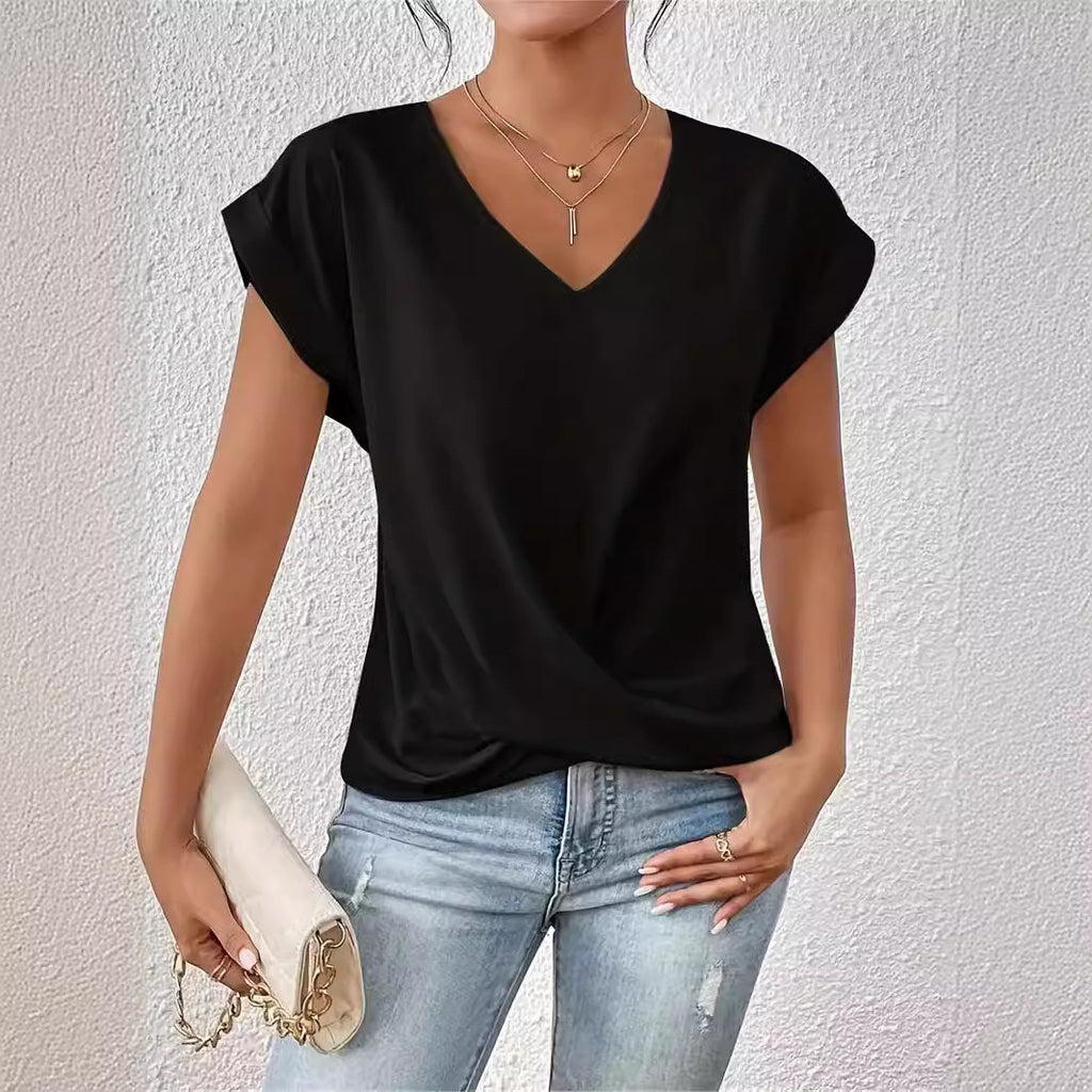 Twist Front V Neck Cap Sleeve Top - Black