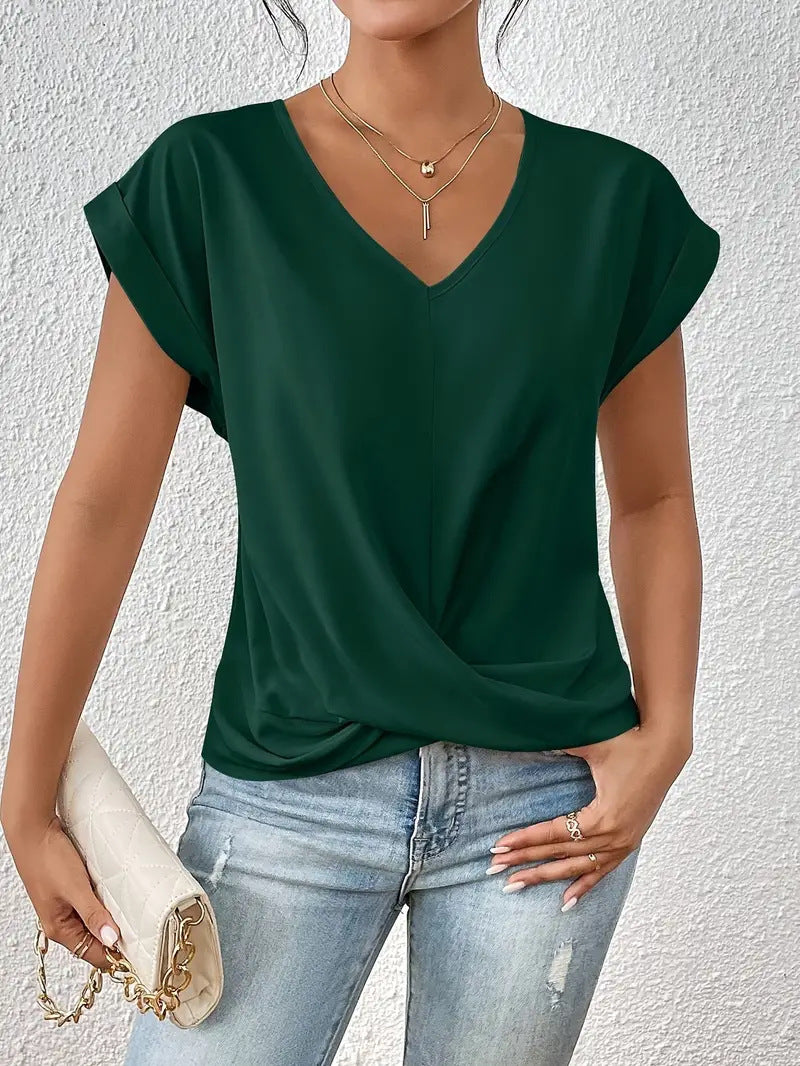 Twist Front V Neck Cap Sleeve Top - Green