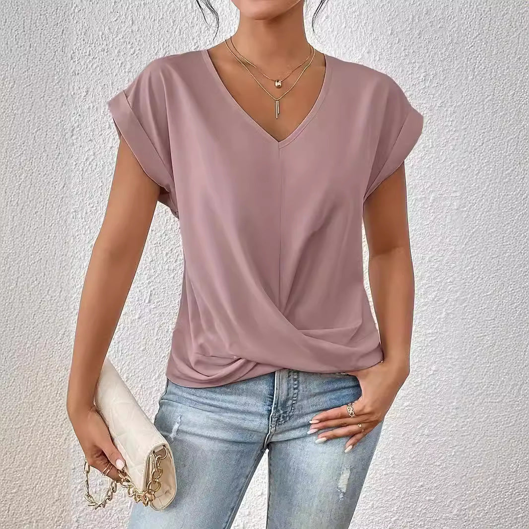 Twist Front V Neck Cap Sleeve Top - Light_Purple