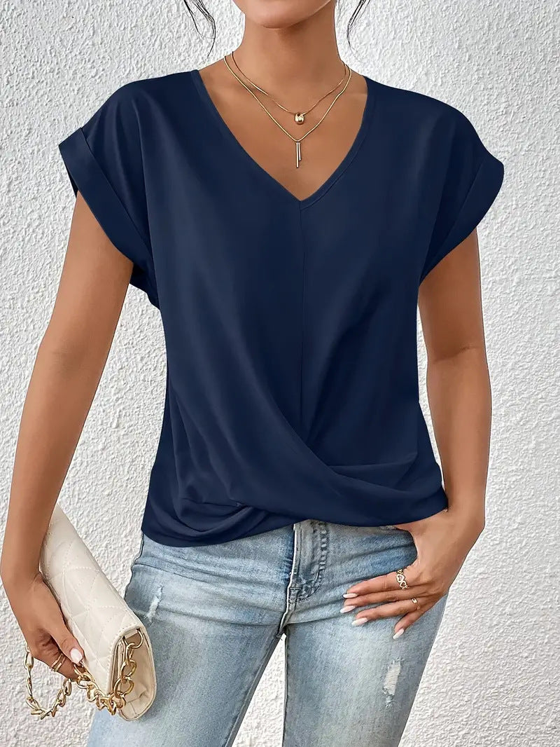 Twist Front V Neck Cap Sleeve Top - Navy_Blue