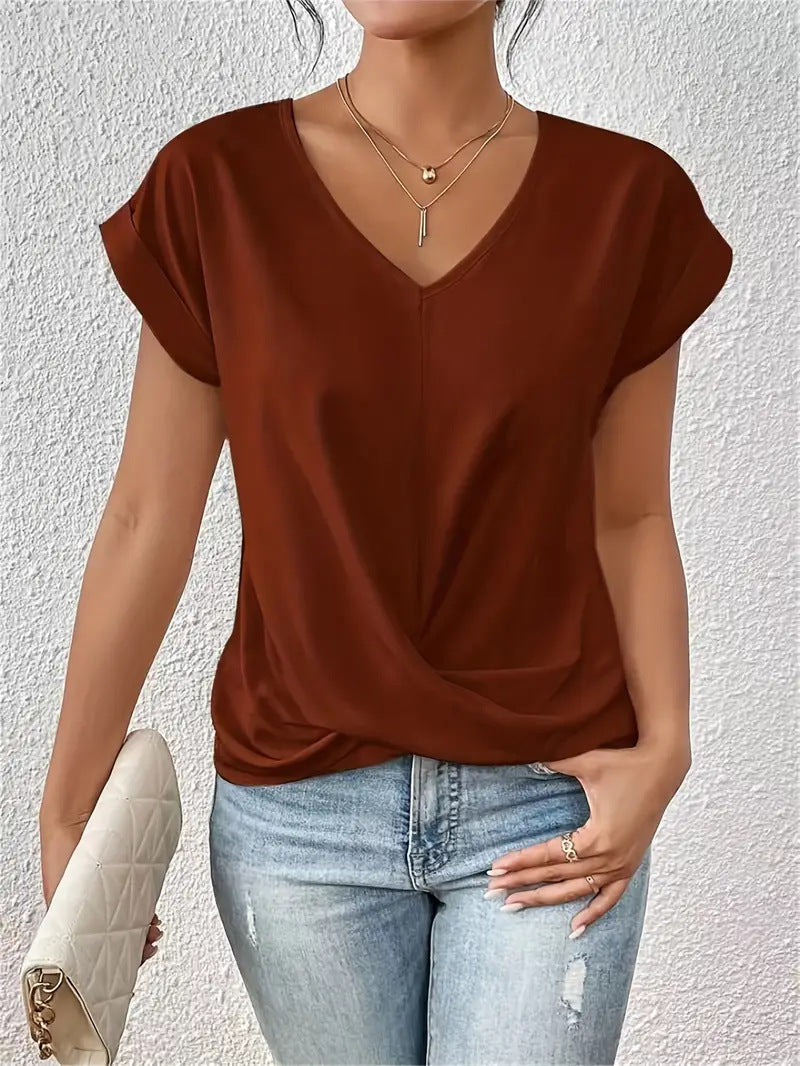 Twist Front V Neck Cap Sleeve Top - Red