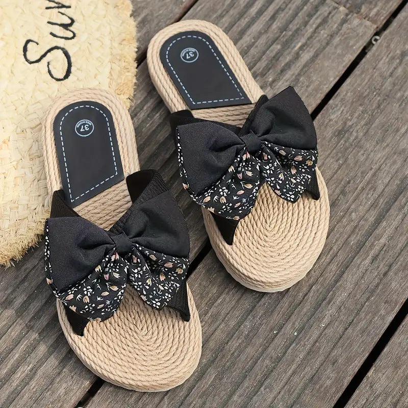 Woven Sole Slippers With Double Floral Bows - Black