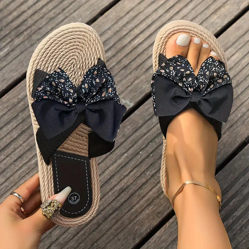 Woven Sole Slippers With Double Floral Bows - Black - 1