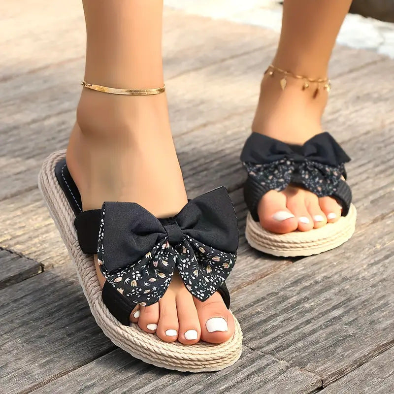 Woven Sole Slippers With Double Floral Bows - Black - 2