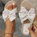 Woven Sole Slippers With Double Floral Bows - Ivory