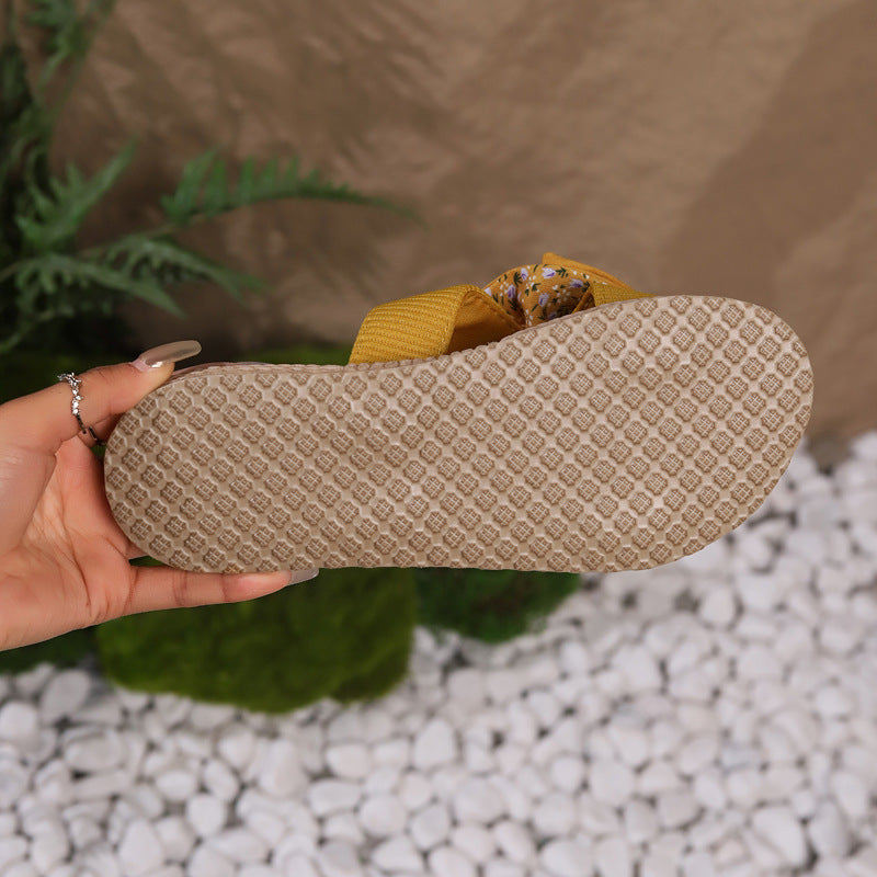 Woven Sole Slippers With Double Floral Bows - Yellow - 2
