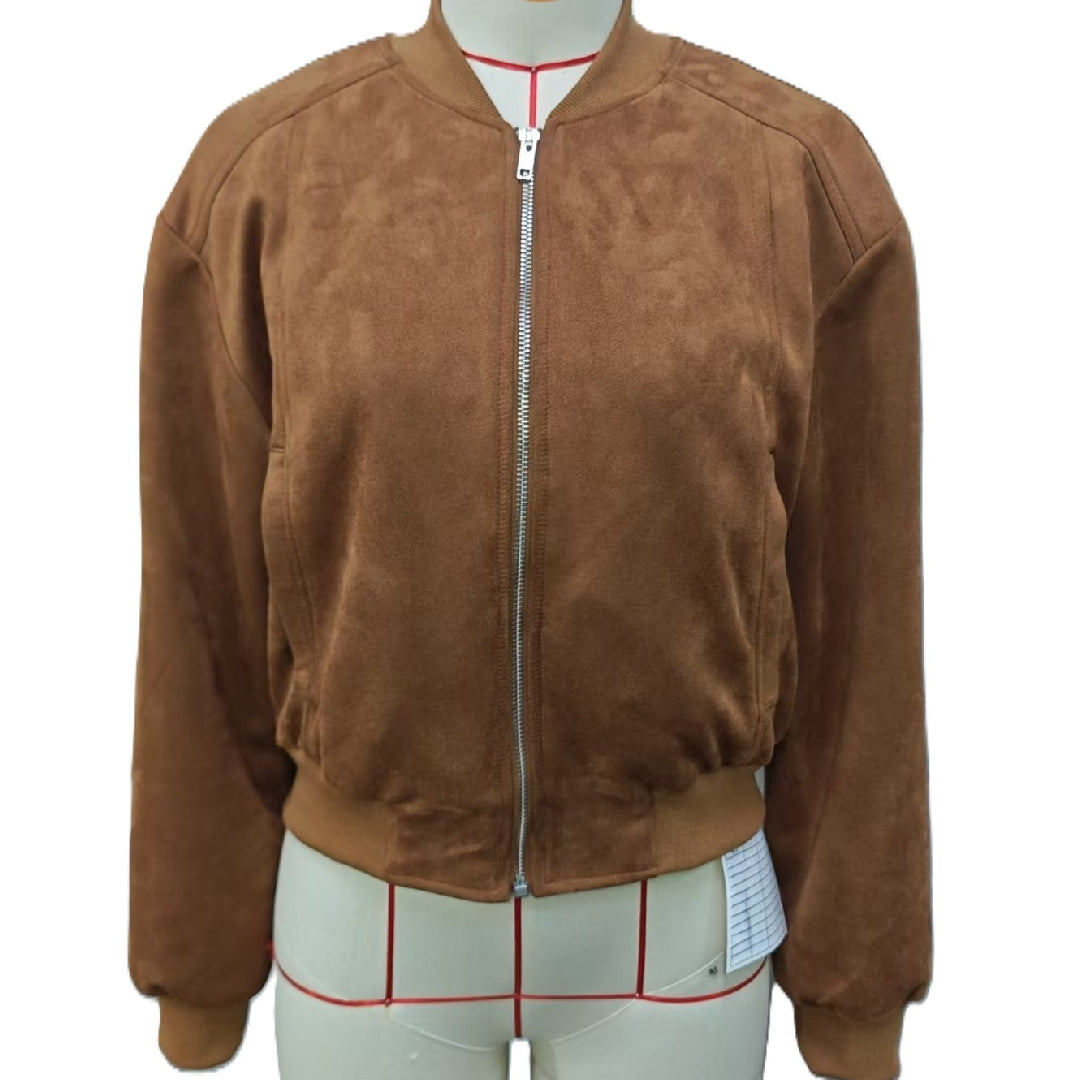 Faux Suede Zip Up Bomber Jacket - Brown