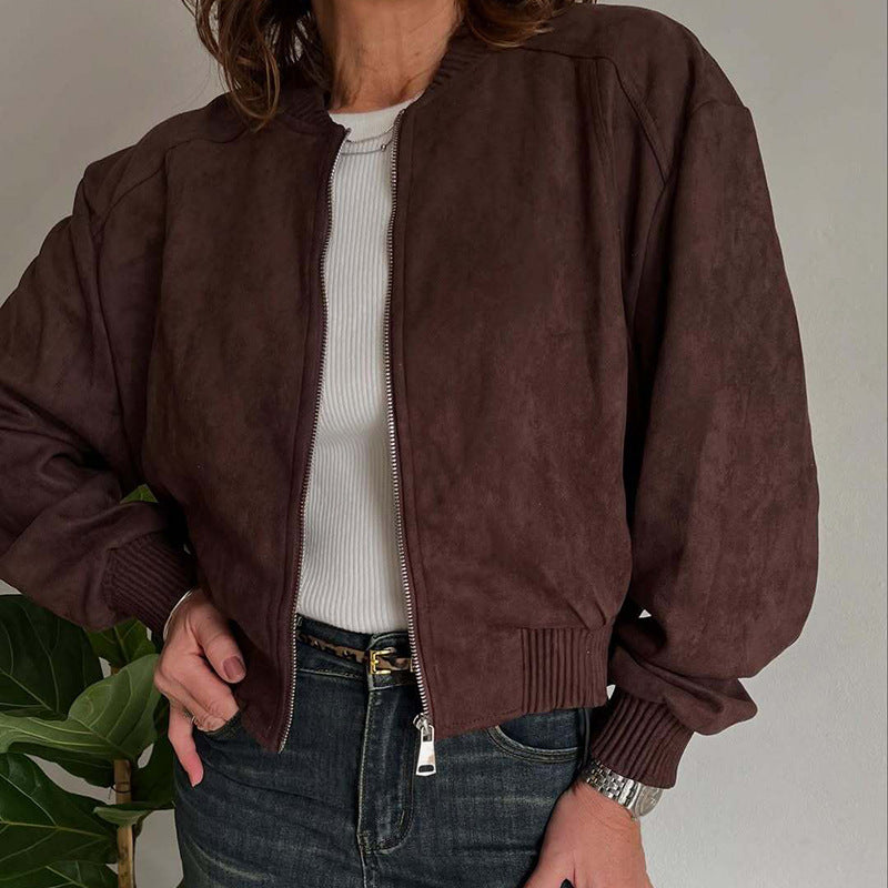 Faux Suede Zip Up Bomber Jacket - Winered