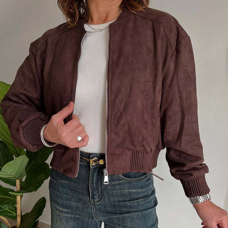 Faux Suede Zip Up Bomber Jacket - Winered - 1