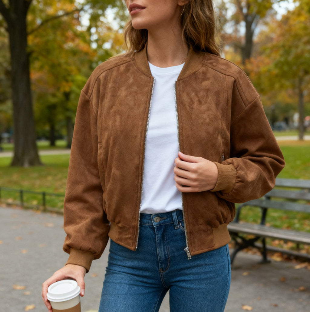 Faux Suede Zip Up Bomber Jacket