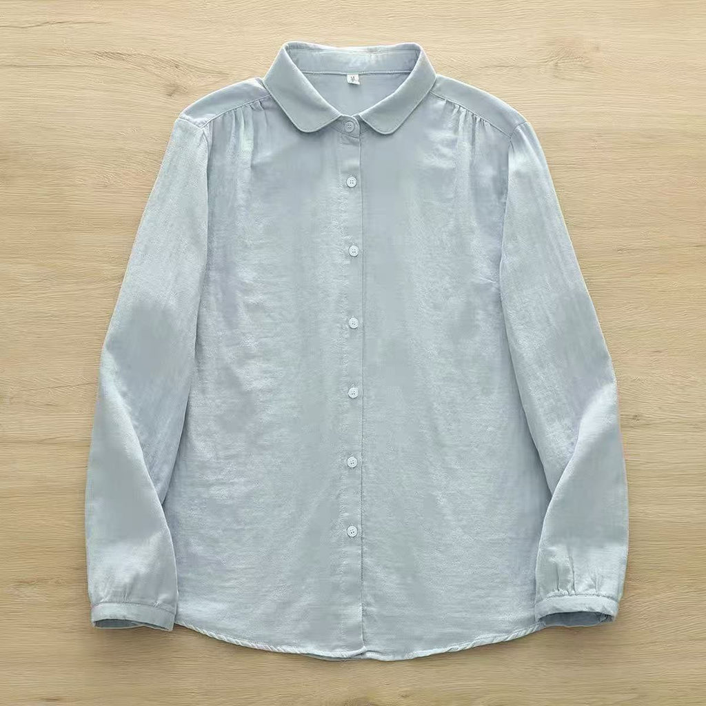 Crinkle Gauze Round Collar Button Down Shirt - Blue02