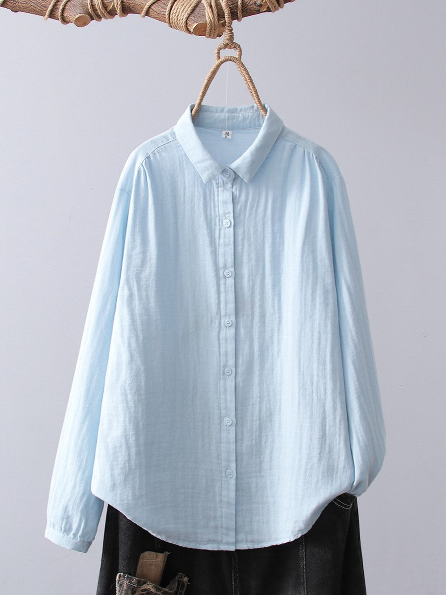 Crinkle Gauze Round Collar Button Down Shirt - Lightblue