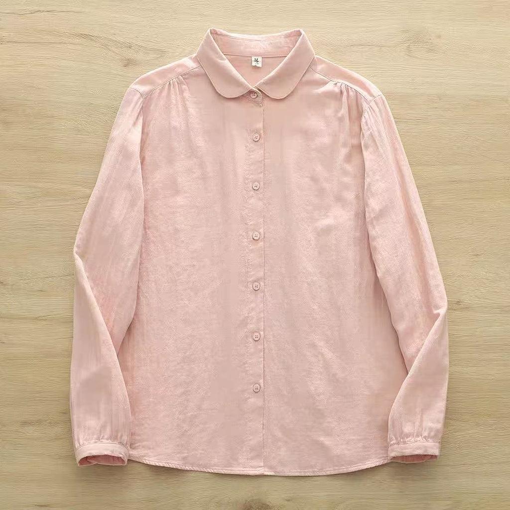 Crinkle Gauze Round Collar Button Down Shirt - Pink02