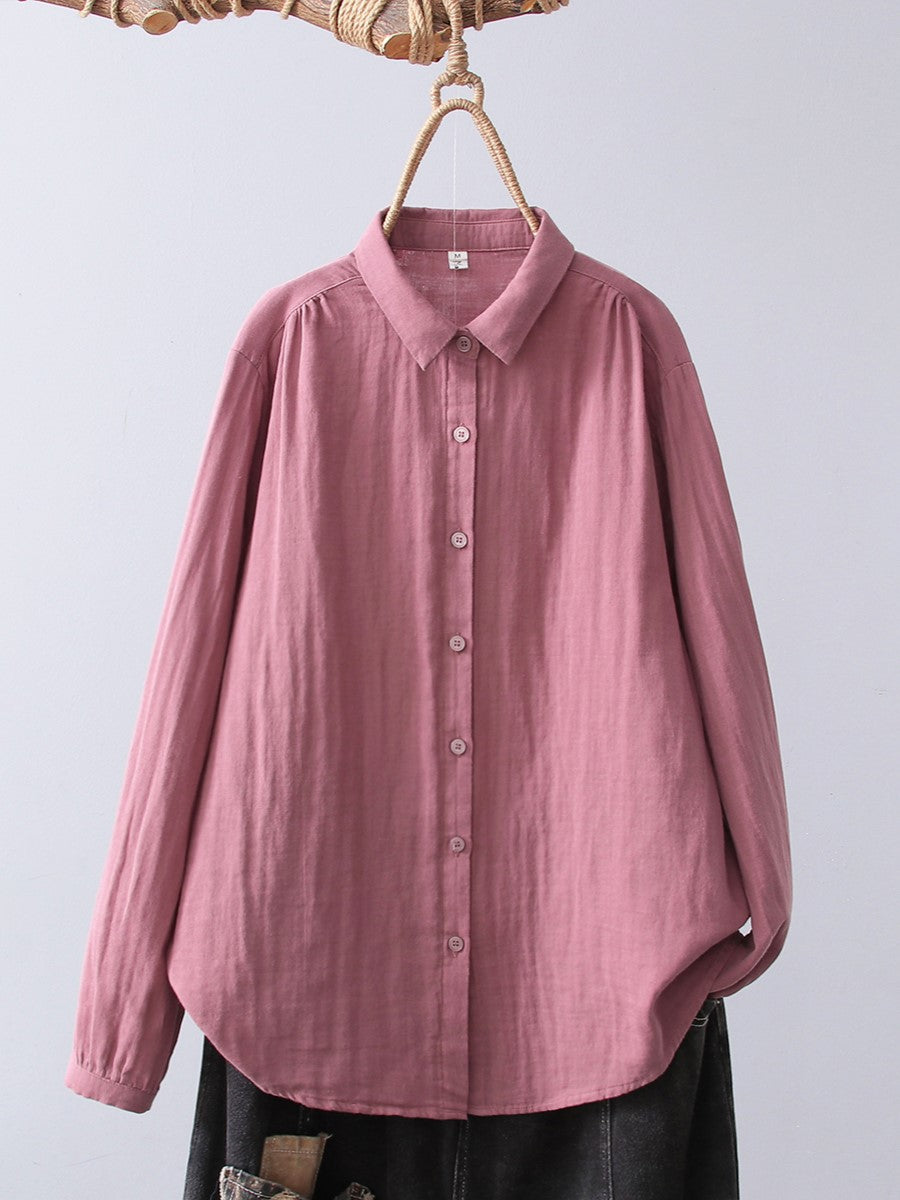 Crinkle Gauze Round Collar Button Down Shirt - Rosewood