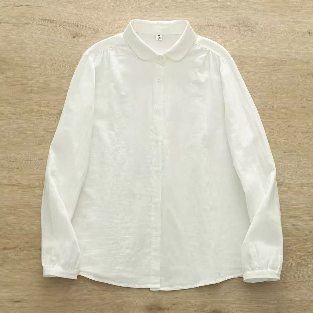 Crinkle Gauze Round Collar Button Down Shirt - White02