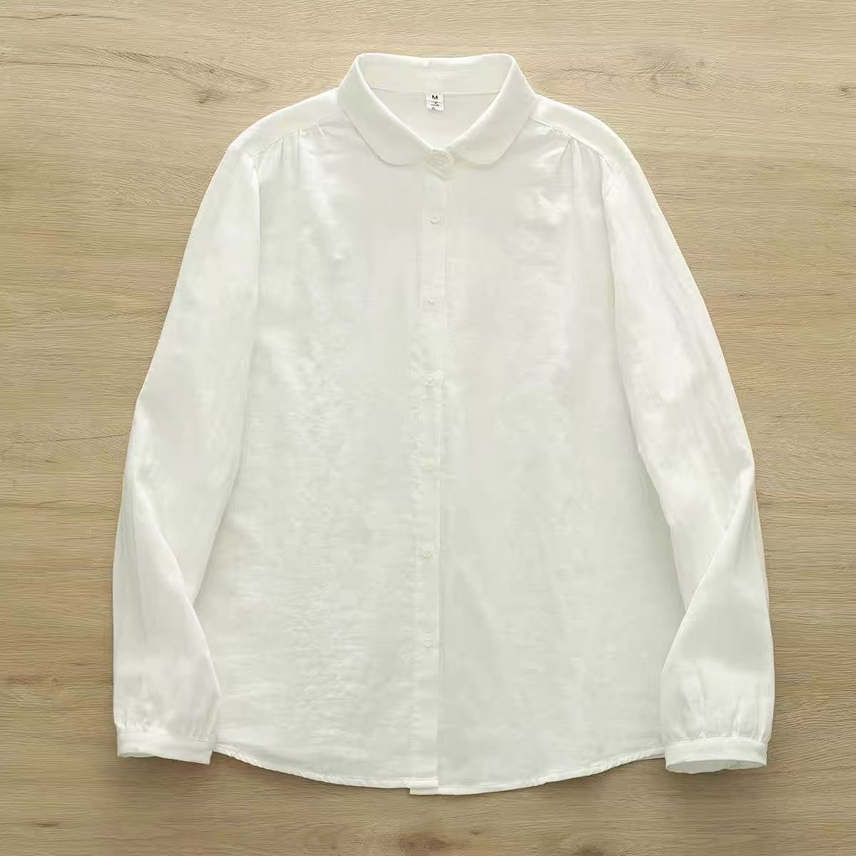 Crinkle Gauze Round Collar Button Down Shirt - White02
