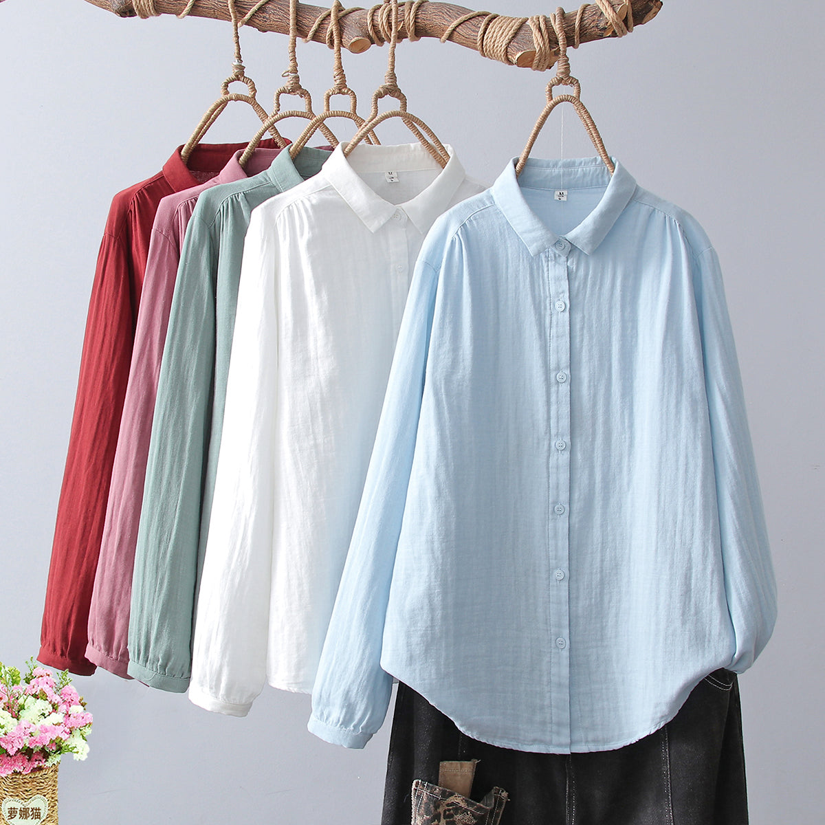 Crinkle Gauze Round Collar Button Down Shirt - view 1