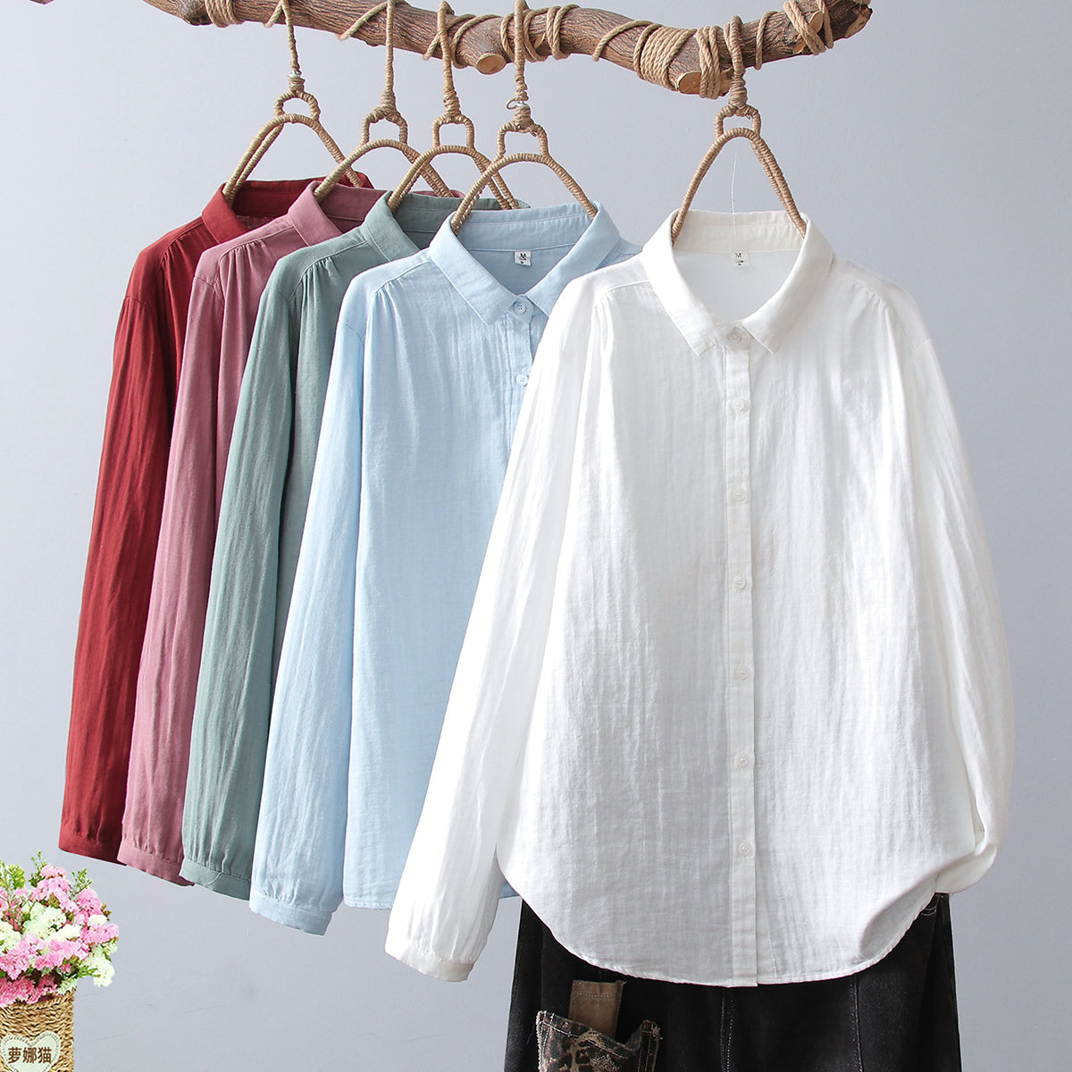 Crinkle Gauze Round Collar Button Down Shirt - view 2