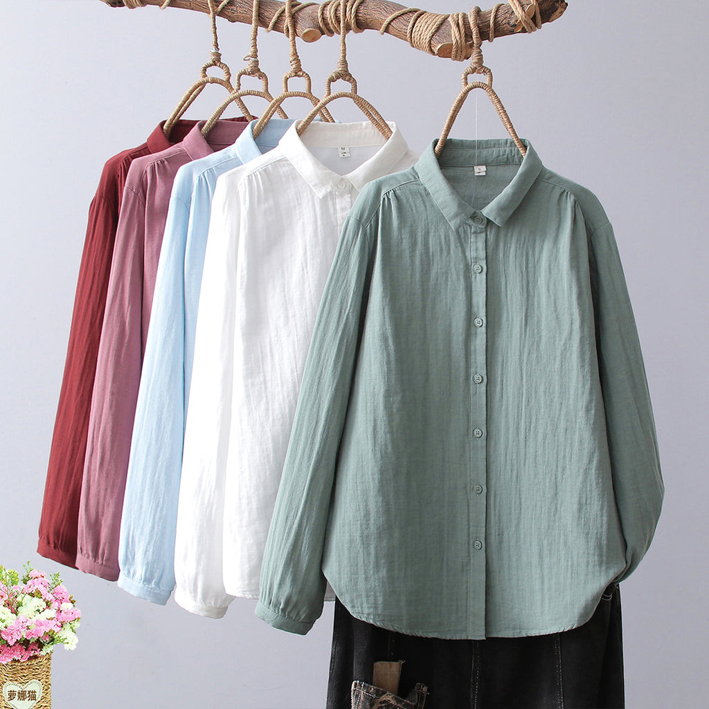 Crinkle Gauze Round Collar Button Down Shirt - view 3