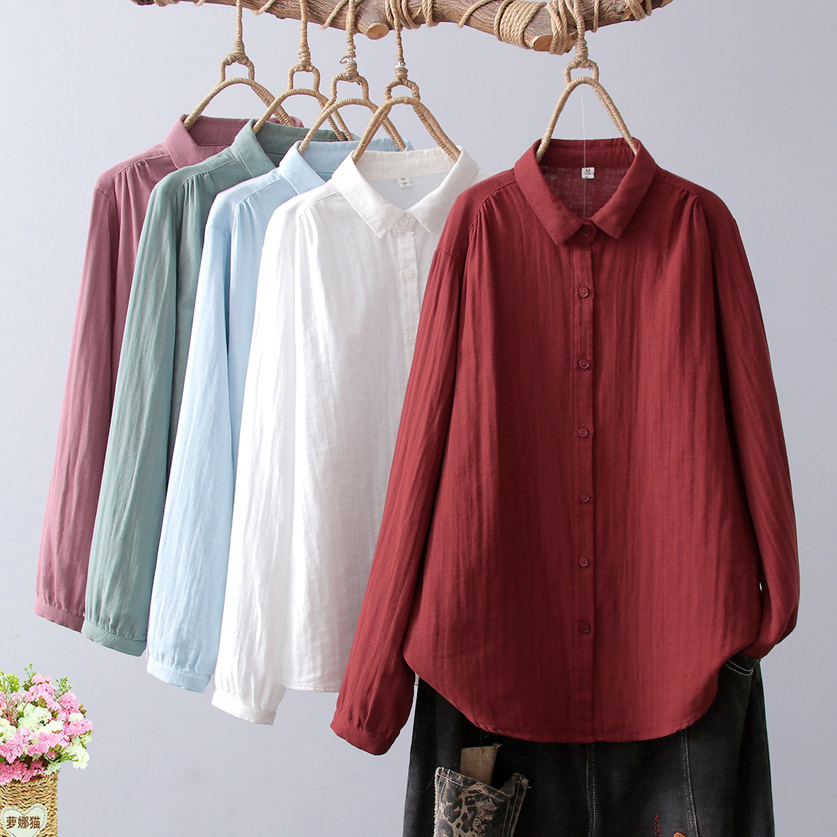 Crinkle Gauze Round Collar Button Down Shirt - view 5
