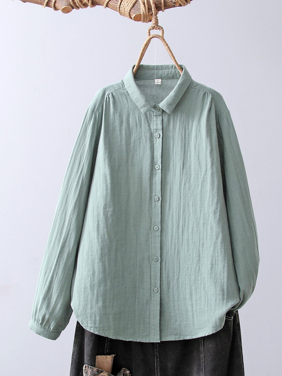 Crinkle Gauze Round Collar Button Down Shirt - green