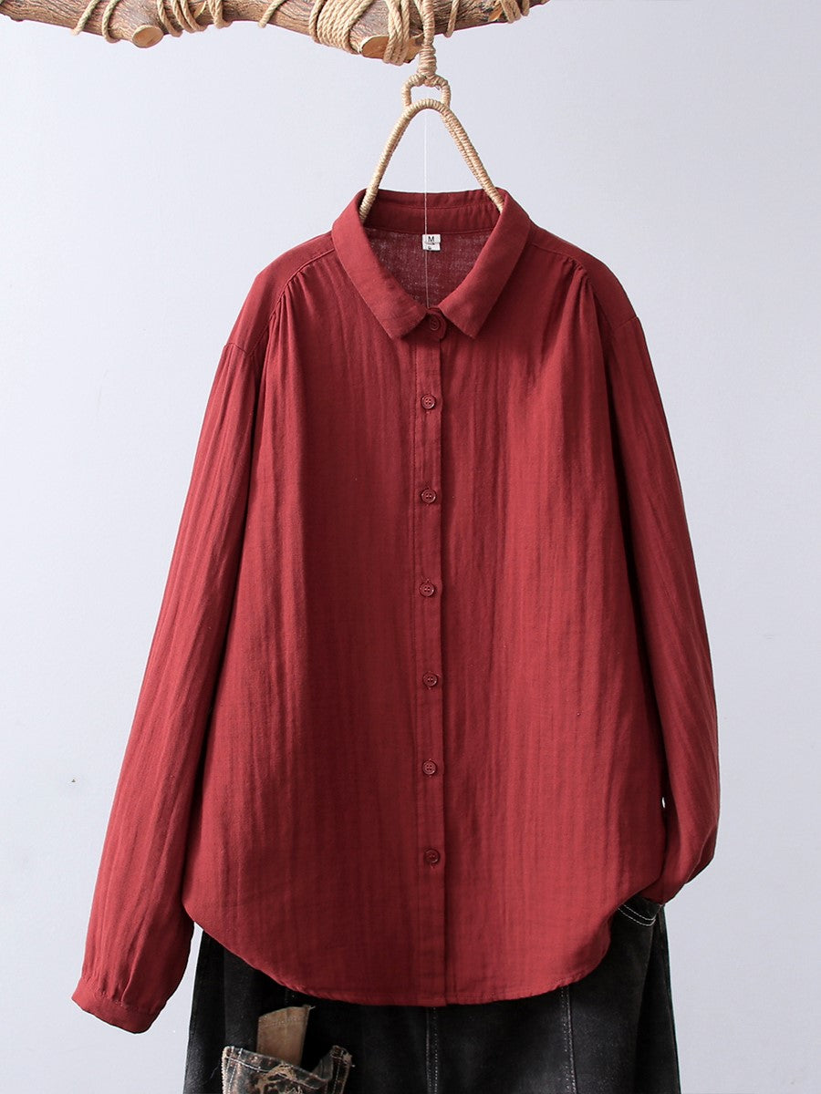 Crinkle Gauze Round Collar Button Down Shirt - red