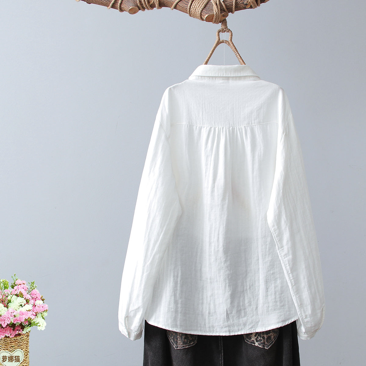 Crinkle Gauze Round Collar Button Down Shirt - white - 2