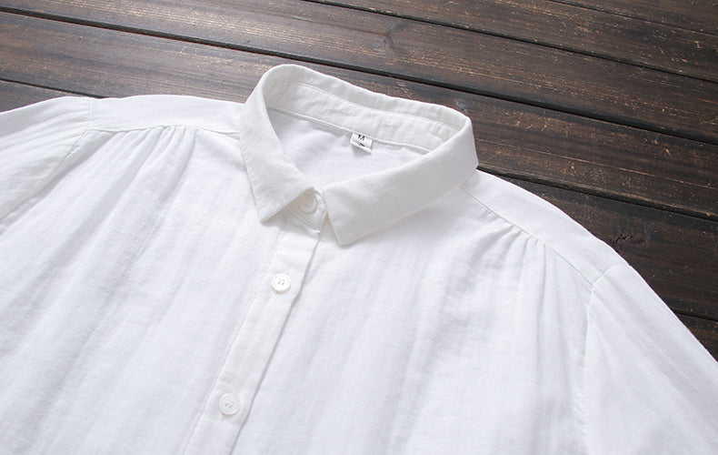 Crinkle Gauze Round Collar Button Down Shirt - white - 8