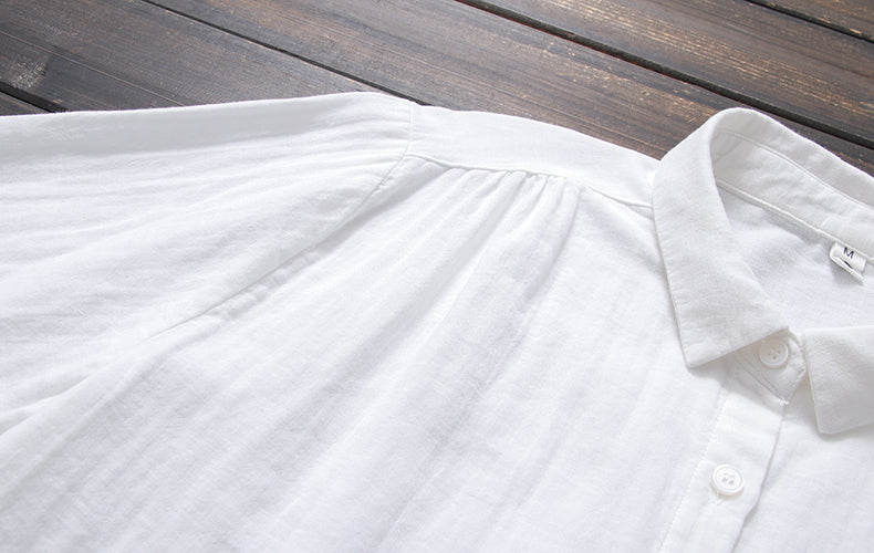 Crinkle Gauze Round Collar Button Down Shirt - white - 9