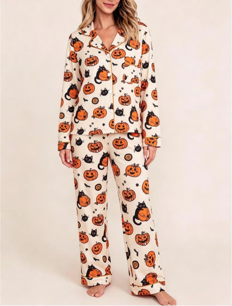 Ghost And Pumpkin Halloween Pajama Lounge Set - Beige
