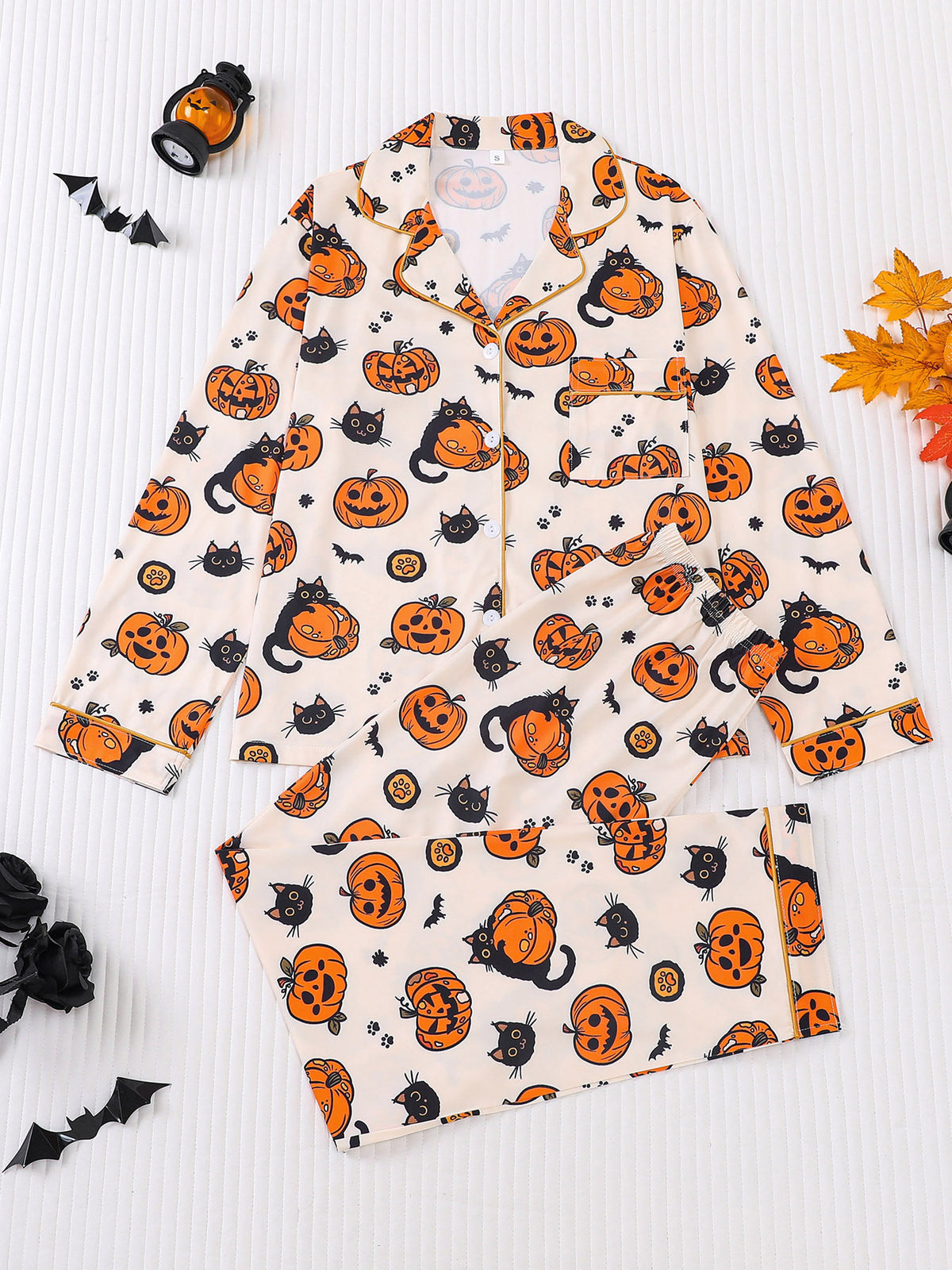 Ghost And Pumpkin Halloween Pajama Lounge Set - Beige - 1