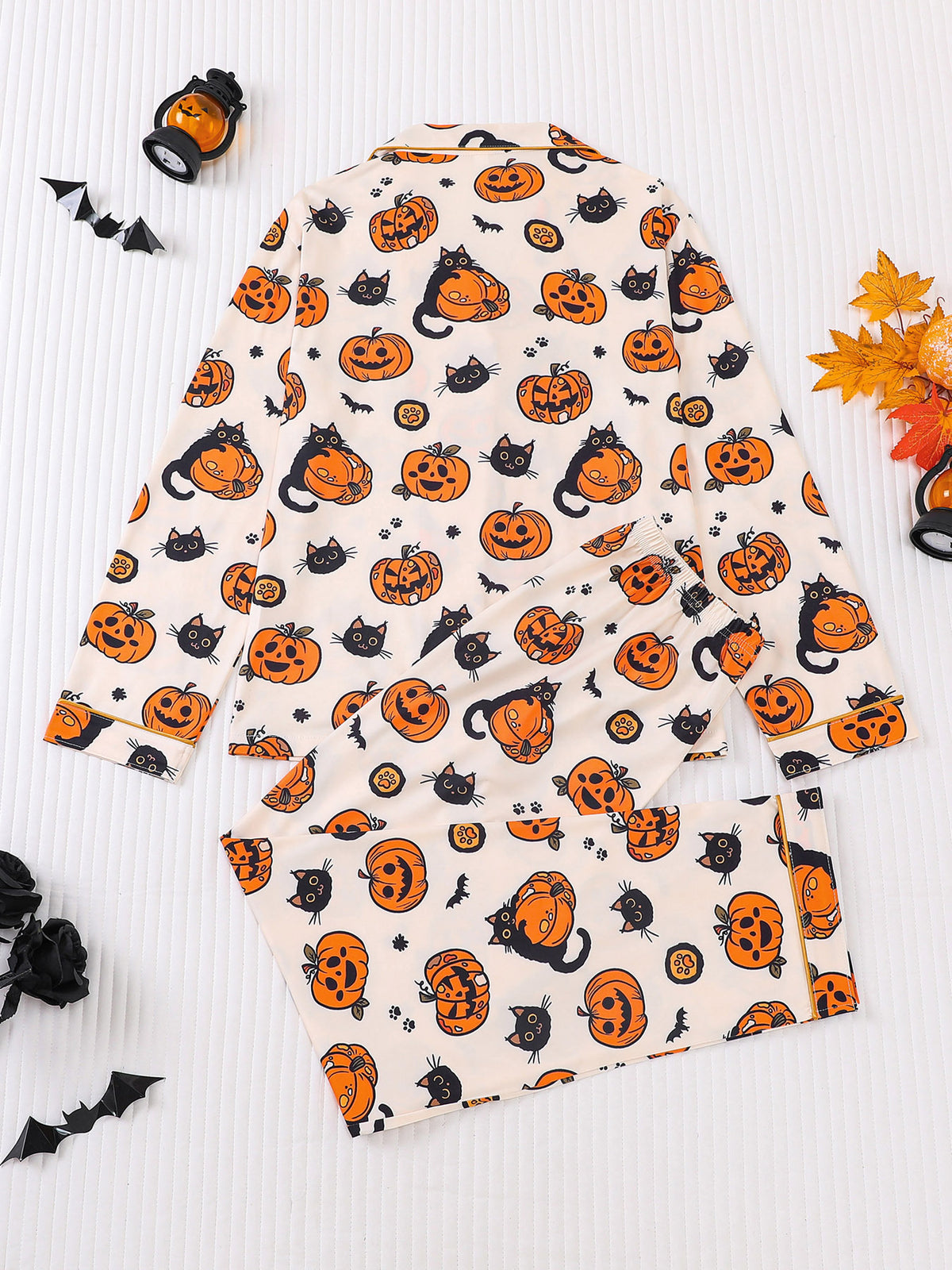 Ghost And Pumpkin Halloween Pajama Lounge Set - Beige - 3
