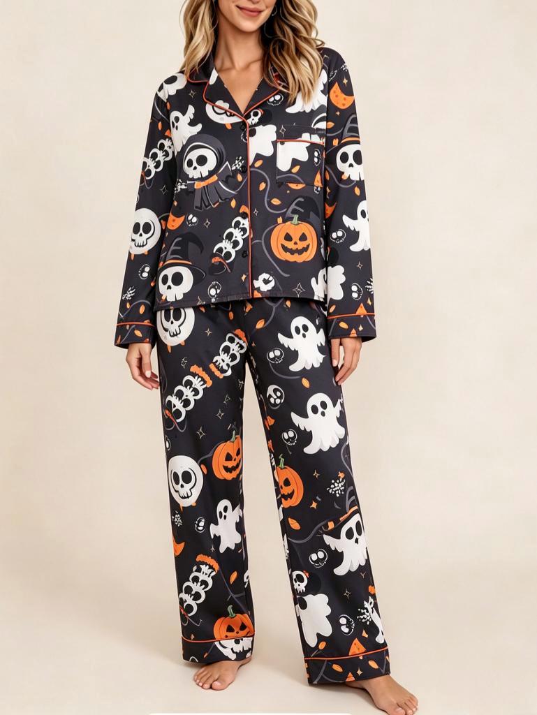 Ghost And Pumpkin Halloween Pajama Lounge Set - Black - 5