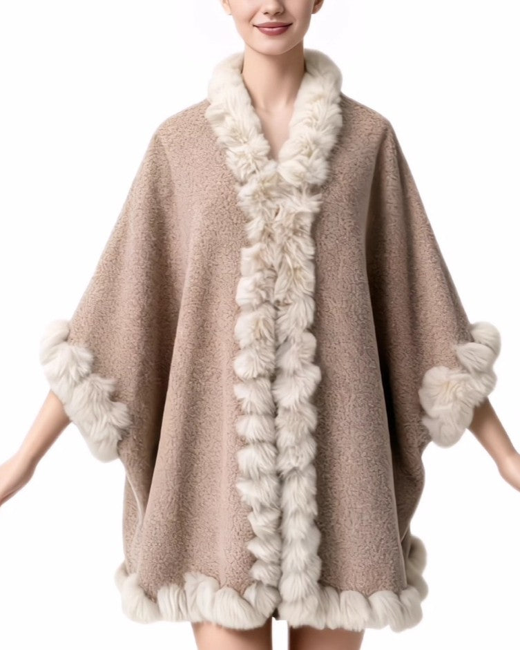 Pom Fur Trimmed Open Front Cape Wrap - Beige