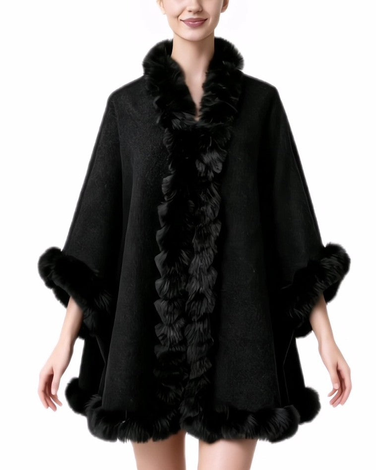 Pom Fur Trimmed Open Front Cape Wrap - Black